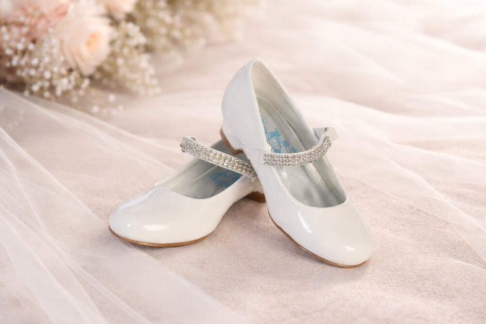NEW Girl's Communion Dress Shoe-White/Patent Flat Shoe-Rhinestone Strap-Size 9T